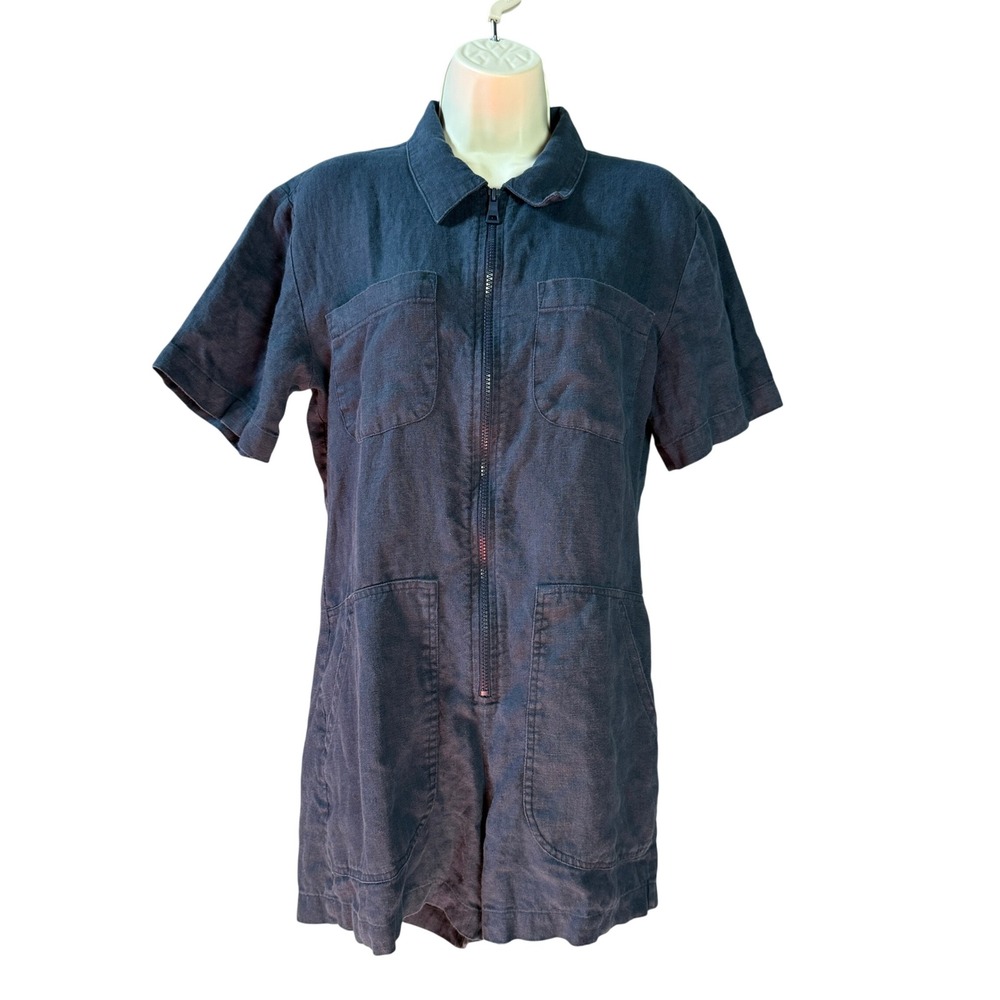 Rivet Utility Runaround Navy Blue 100% Linen Short Sleeve Romper Sz S Playsuit